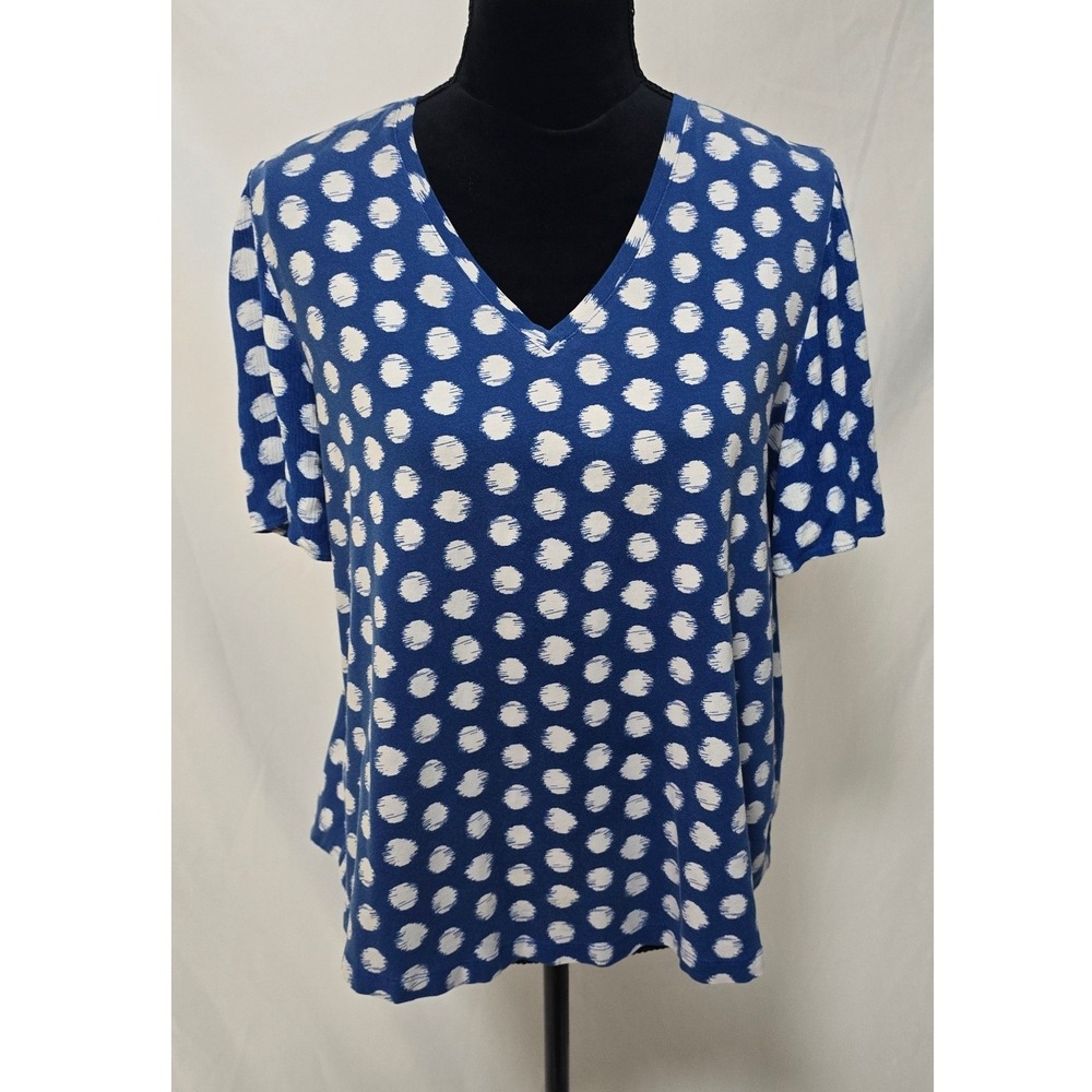 Chico's women XL blue white polka dot V-neck top short puff sleeve academia